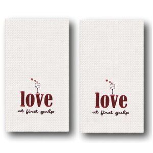 Set of 2 Embroidered Kitchen Towels "Love At First Gulp" Wine Heart Valentine